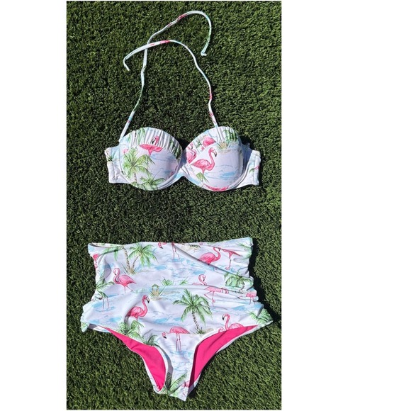 Marilyn Monroe Flamingo Print Swimsuit Bikini Set High Waisted Tropical Women's - Picture 1 of 5